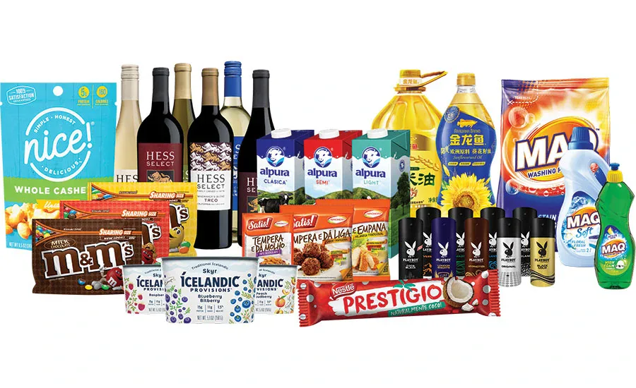 Assorted packaged consumer products displayed for brand presentation